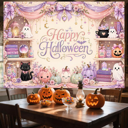 Pink Halloween Backdrop 7x5FT Cute Ghost Pumpkin Party Photo Banner Decor