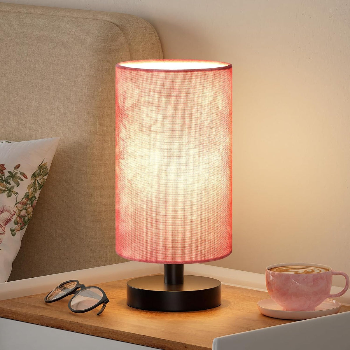 Fenmzee Small Table Lamps(Pink Shade - Black Base, 9" Inline Control)