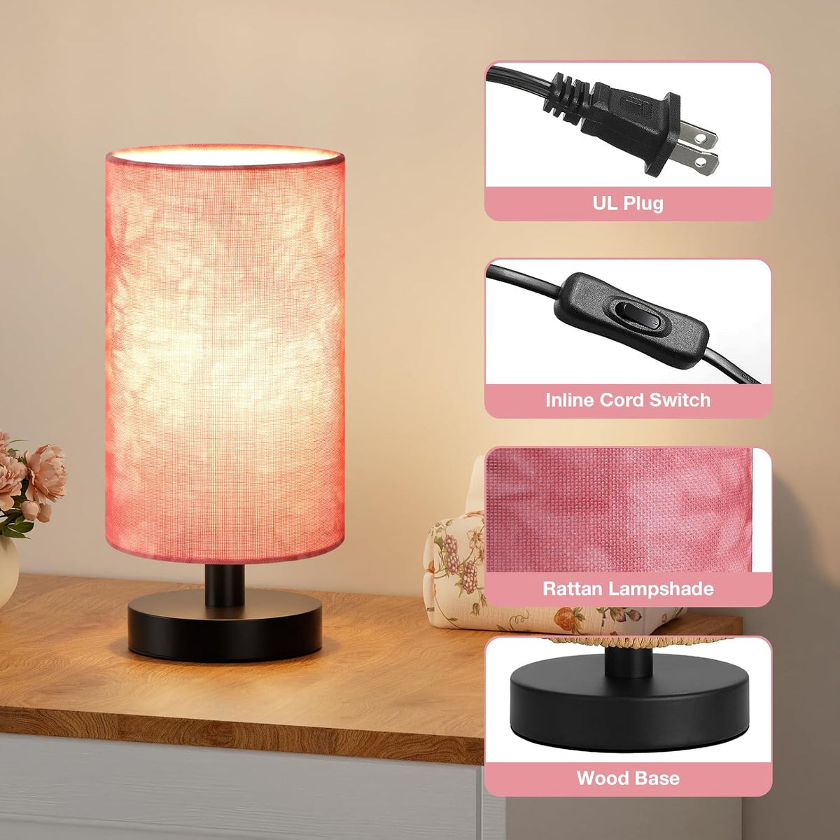 Fenmzee Small Table Lamps(Pink Shade - Black Base, 9" Inline Control)