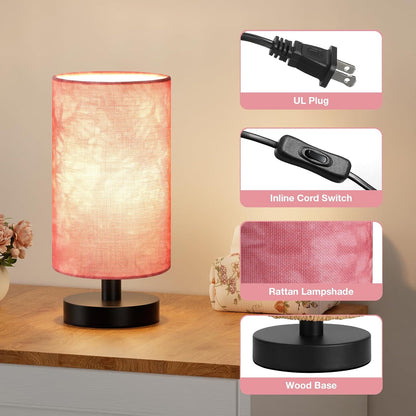 Fenmzee Small Table Lamps(Pink Shade - Black Base, 9" Inline Control)