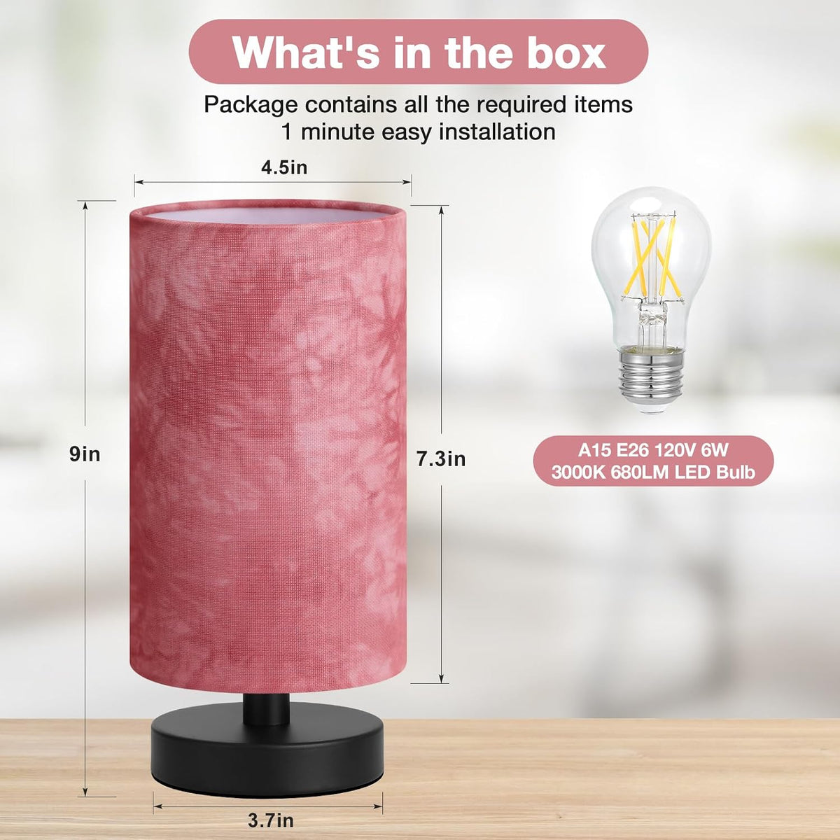 Fenmzee Small Table Lamps(Pink Shade - Black Base, 9" Inline Control)