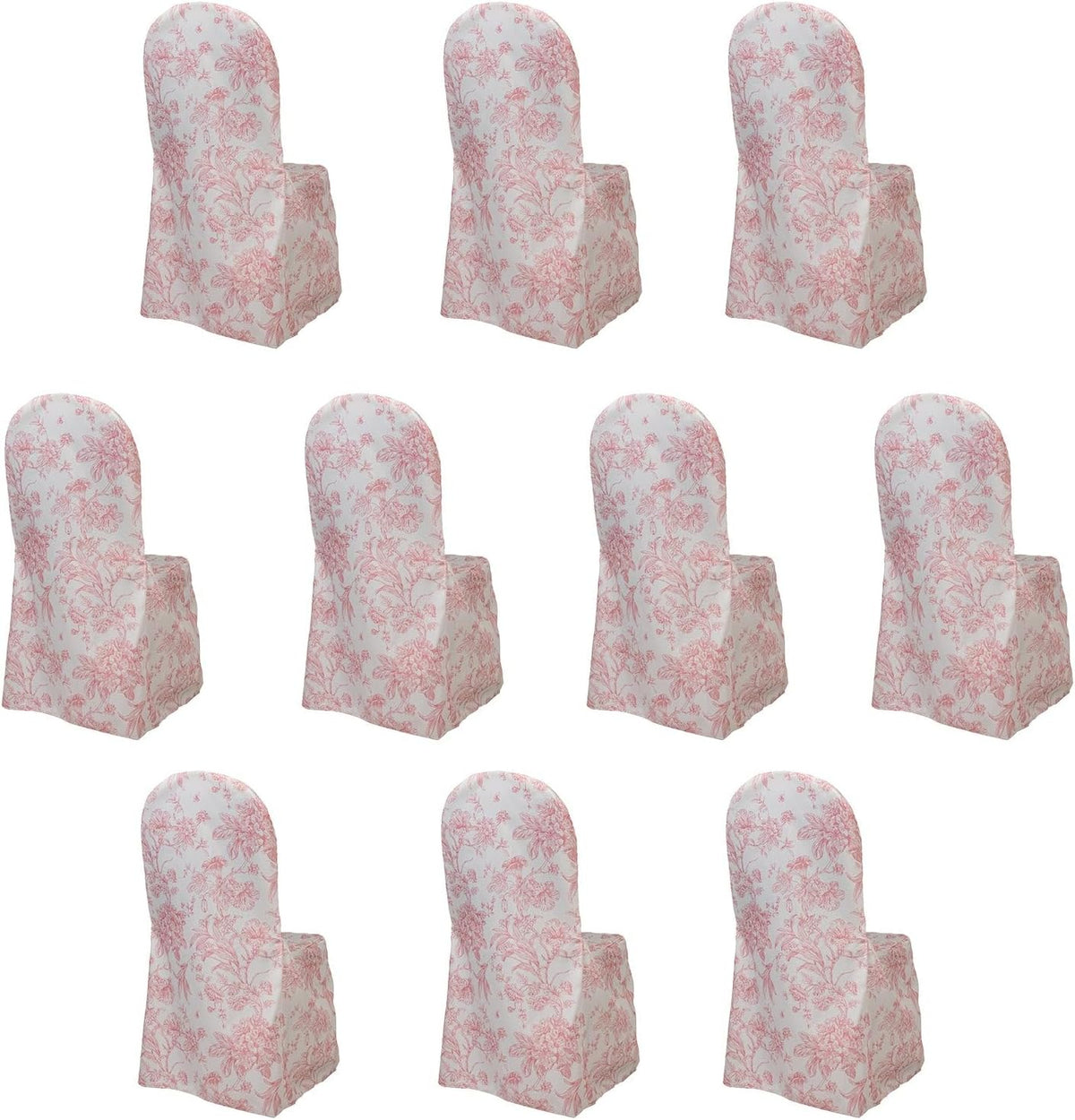 10 Pack Polyester Banquet Chair Covers – White Pink French Toile Pattern, Reusable Stain-Resistant Slip-On Slipcovers