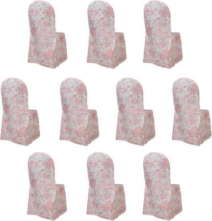 10 Pack Polyester Banquet Chair Covers – White Pink French Toile Pattern, Reusable Stain-Resistant Slip-On Slipcovers