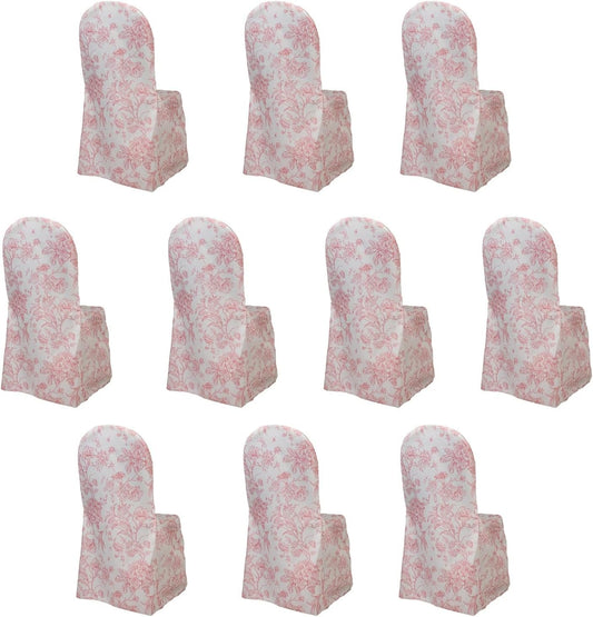 10 Pack Polyester Banquet Chair Covers – White Pink French Toile Pattern, Reusable Stain-Resistant Slip-On Slipcovers