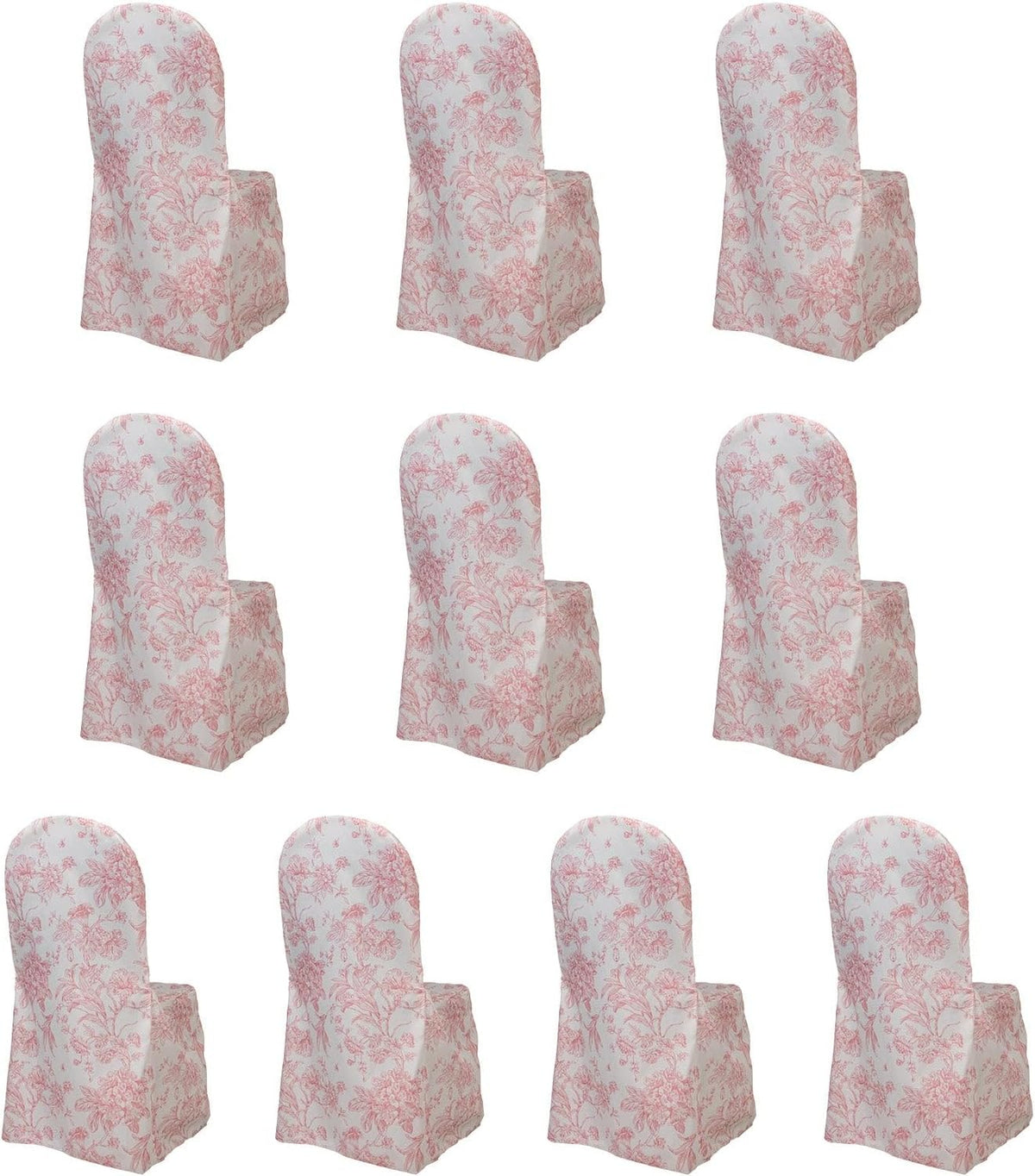 10 Pack Polyester Banquet Chair Covers – White Pink French Toile Pattern, Reusable Stain-Resistant Slip-On Slipcovers