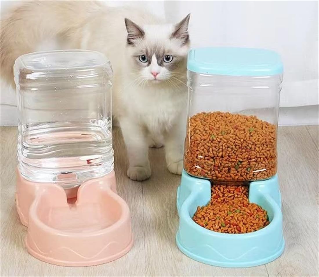 Pet Feeding Bowl and Water Dispenser with Refillable Storage Container Self-Dispensing 1 Gallon Large Capacity Cat Feeder, 3.8 Liters Capacity Dog Rabbit Waterer (Pink, for Water)