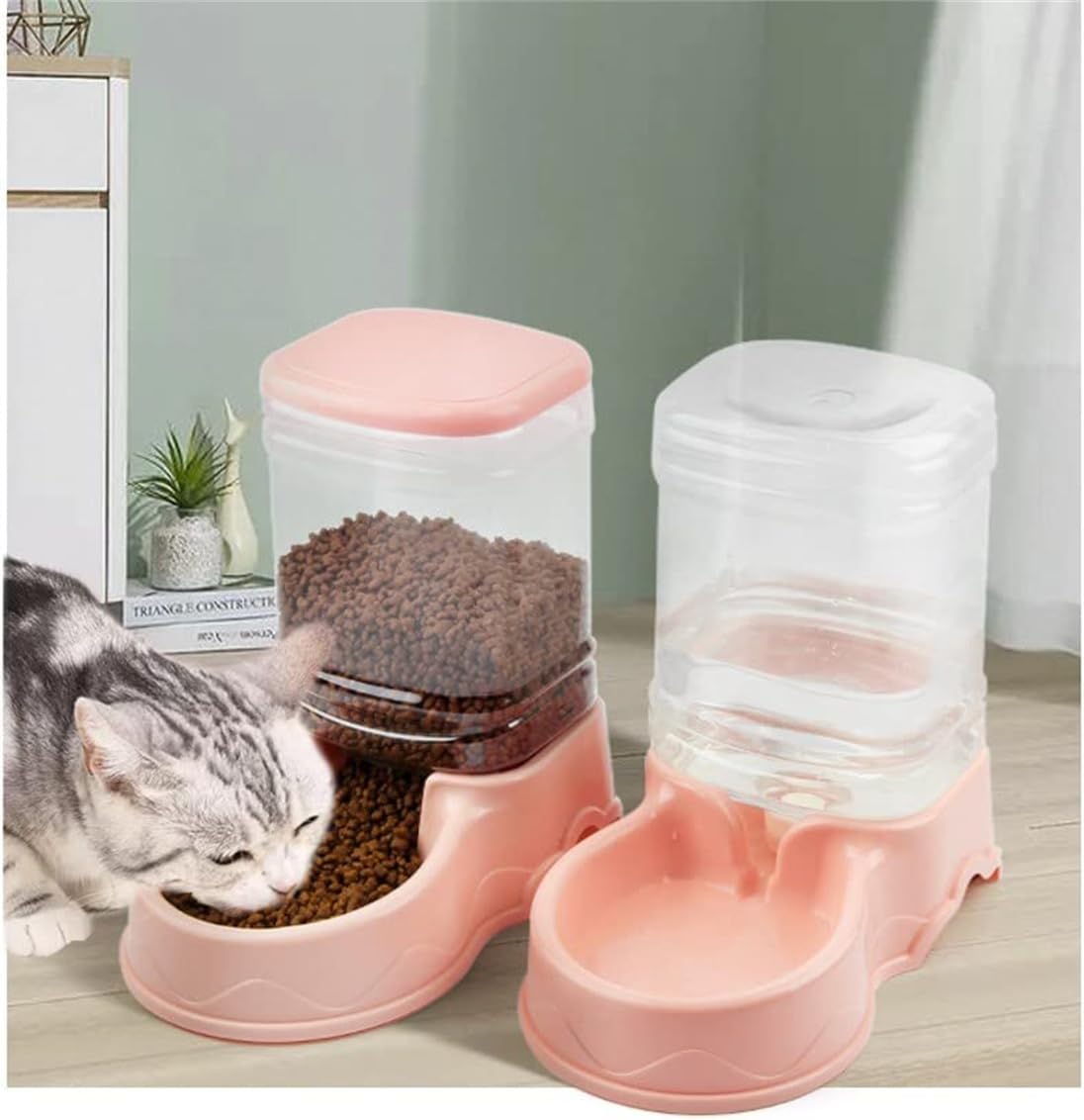 Pet Feeding Bowl and Water Dispenser with Refillable Storage Container Self-Dispensing 1 Gallon Large Capacity Cat Feeder, 3.8 Liters Capacity Dog Rabbit Waterer (Pink, for Water)
