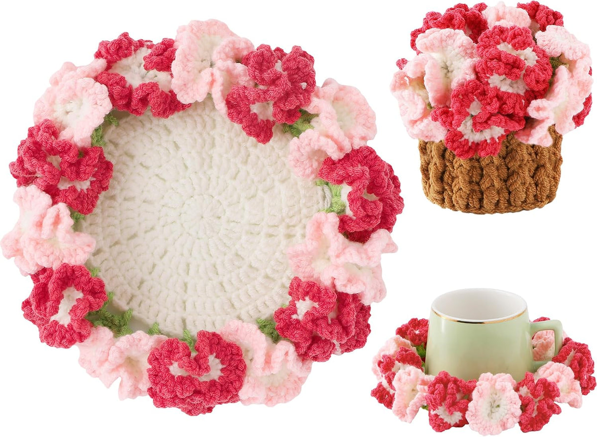 Crochet Flower Coasters, Handmade Bouquet Coasters with Crochet Plant Pot (Light Pink, 1Pc)