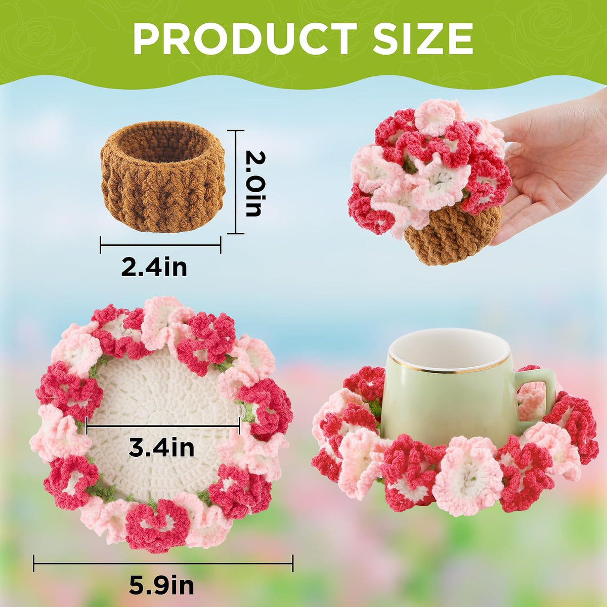 Crochet Flower Coasters, Handmade Bouquet Coasters with Crochet Plant Pot (Light Pink, 1Pc)