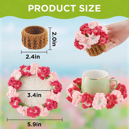 Crochet Flower Coasters, Handmade Bouquet Coasters with Crochet Plant Pot (Light Pink, 1Pc)