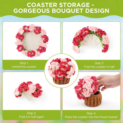 Crochet Flower Coasters, Handmade Bouquet Coasters with Crochet Plant Pot (Light Pink, 1Pc)