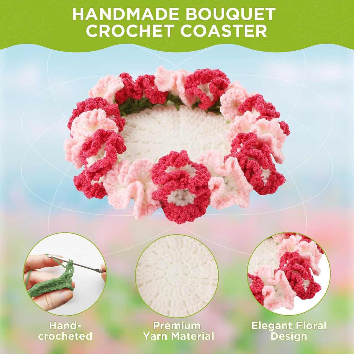 Crochet Flower Coasters, Handmade Bouquet Coasters with Crochet Plant Pot (Light Pink, 1Pc)