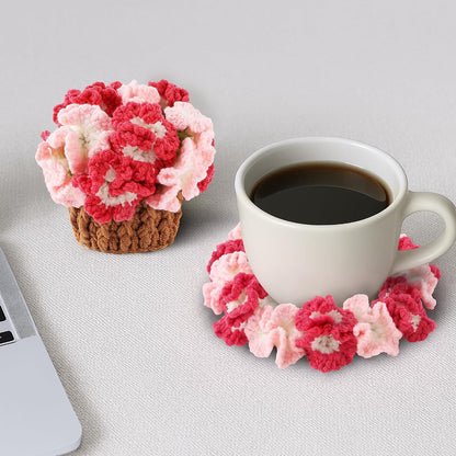 Crochet Flower Coasters, Handmade Bouquet Coasters with Crochet Plant Pot (Light Pink, 1Pc)