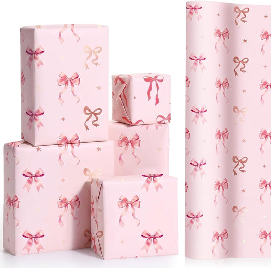 Pink Bow Wrapping Paper Roll-33 Ft x 17 Inch Coquette Gift Wrap Paper for Girls Birthday Baby Shower Bridal Shower Princess Party Decoration Favors Gifts Packing Supplies