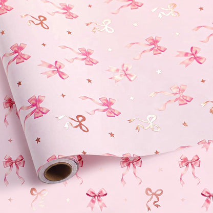 Pink Bow Wrapping Paper Roll-33 Ft x 17 Inch Coquette Gift Wrap Paper for Girls Birthday Baby Shower Bridal Shower Princess Party Decoration Favors Gifts Packing Supplies