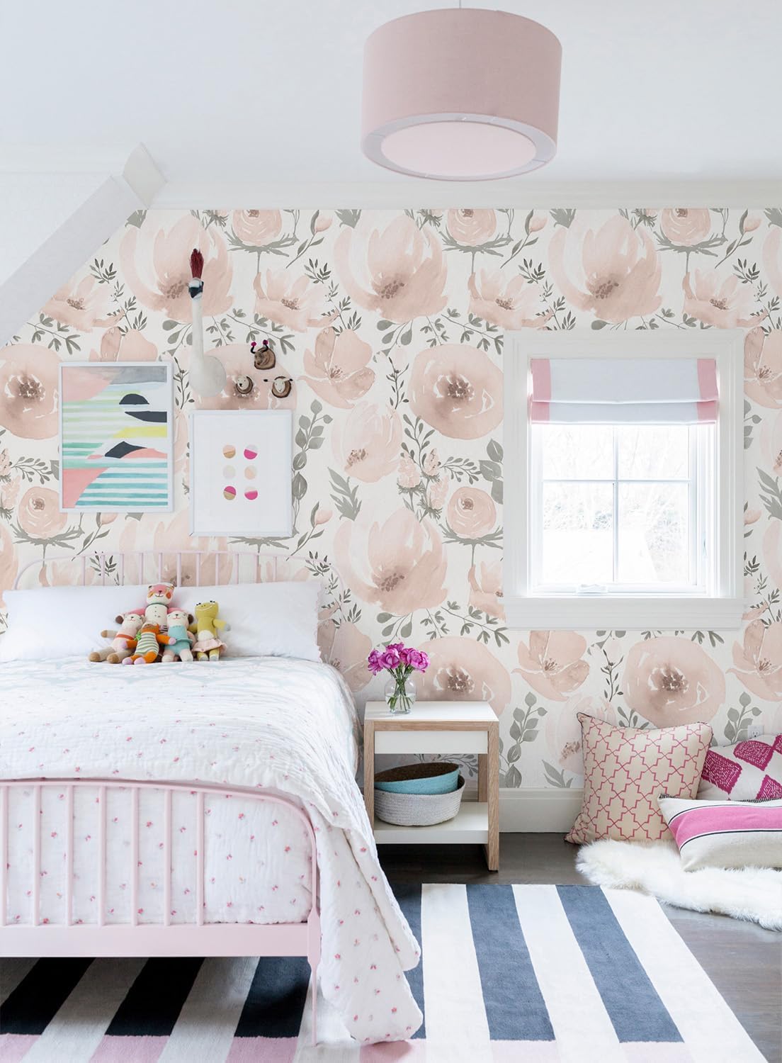 Floral Peel and Stick Wallpaper Pink Wallpaper for Bedroom Self Adhesive Wall Paper Girls Room 17.3"x118" (Pink, 17.3" x 118")