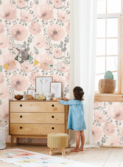 Floral Peel and Stick Wallpaper Pink Wallpaper for Bedroom Self Adhesive Wall Paper Girls Room 17.3"x118" (Pink, 17.3" x 118")
