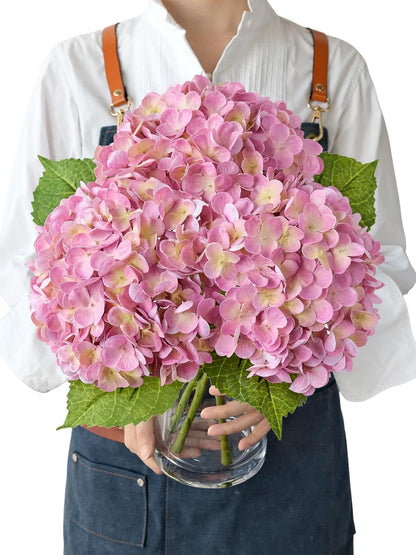 JINWOE 3pcs 21" Pink Real Touch Fake Hydrangea Flowers, Latex Full Lifelike Silk Artificial Hydrangeas Fake Flowers for Bouquet Table Centerpieces Spring Wedding Indoor Home