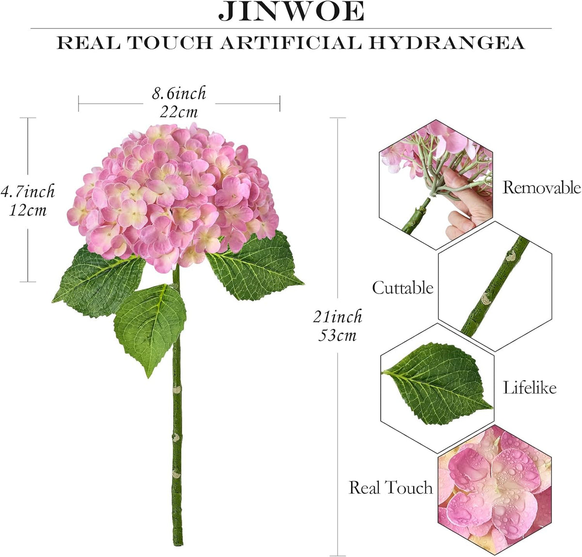 JINWOE 3pcs 21" Pink Real Touch Fake Hydrangea Flowers, Latex Full Lifelike Silk Artificial Hydrangeas Fake Flowers for Bouquet Table Centerpieces Spring Wedding Indoor Home