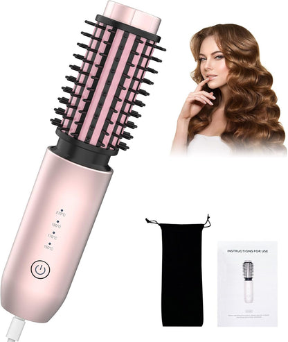 Portable Curling Iron, 1.5" Cordless Hair Curler, 2 in 1 Travel Hair Curler & Hair Straightener Brush, Quick Heating 4 Adjustable Temperature 300°F-410°F for Curl/Smooth/Fluffy/Flip-Out Pink