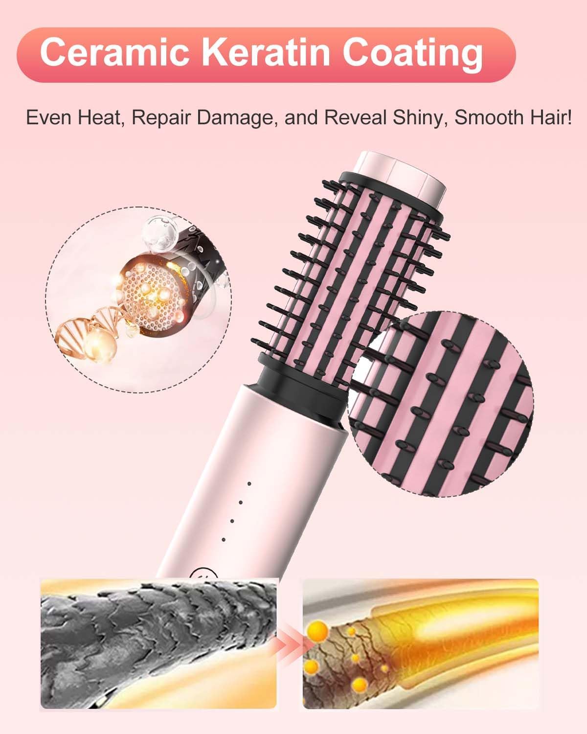 Portable Curling Iron, 1.5" Cordless Hair Curler, 2 in 1 Travel Hair Curler & Hair Straightener Brush, Quick Heating 4 Adjustable Temperature 300°F-410°F for Curl/Smooth/Fluffy/Flip-Out Pink