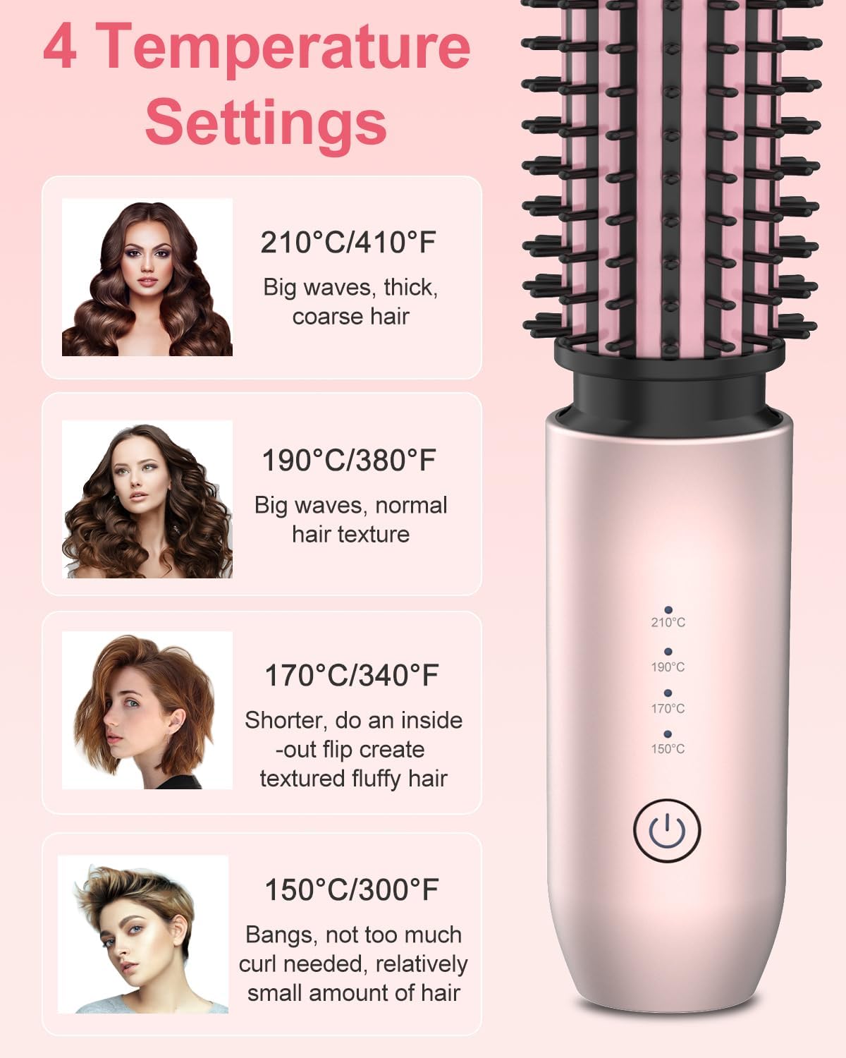 Portable Curling Iron, 1.5" Cordless Hair Curler, 2 in 1 Travel Hair Curler & Hair Straightener Brush, Quick Heating 4 Adjustable Temperature 300°F-410°F for Curl/Smooth/Fluffy/Flip-Out Pink