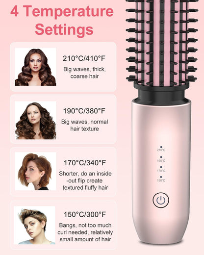 Portable Curling Iron, 1.5" Cordless Hair Curler, 2 in 1 Travel Hair Curler & Hair Straightener Brush, Quick Heating 4 Adjustable Temperature 300°F-410°F for Curl/Smooth/Fluffy/Flip-Out Pink