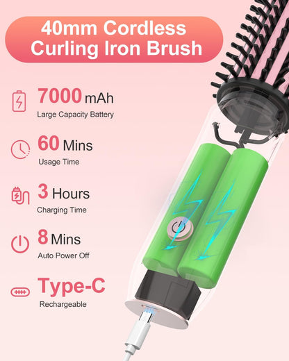 Portable Curling Iron, 1.5" Cordless Hair Curler, 2 in 1 Travel Hair Curler & Hair Straightener Brush, Quick Heating 4 Adjustable Temperature 300°F-410°F for Curl/Smooth/Fluffy/Flip-Out Pink