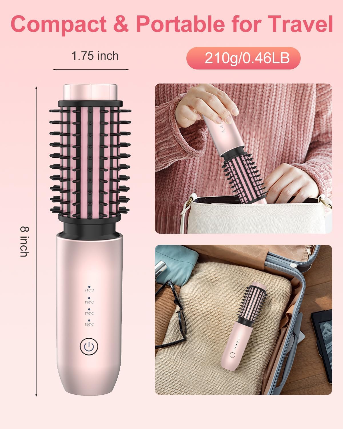 Portable Curling Iron, 1.5" Cordless Hair Curler, 2 in 1 Travel Hair Curler & Hair Straightener Brush, Quick Heating 4 Adjustable Temperature 300°F-410°F for Curl/Smooth/Fluffy/Flip-Out Pink