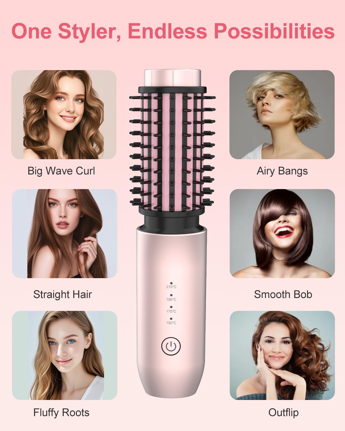Portable Curling Iron, 1.5" Cordless Hair Curler, 2 in 1 Travel Hair Curler & Hair Straightener Brush, Quick Heating 4 Adjustable Temperature 300°F-410°F for Curl/Smooth/Fluffy/Flip-Out Pink