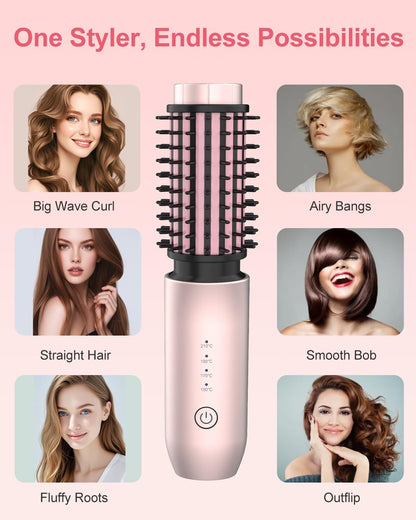 Portable Curling Iron, 1.5" Cordless Hair Curler, 2 in 1 Travel Hair Curler & Hair Straightener Brush, Quick Heating 4 Adjustable Temperature 300°F-410°F for Curl/Smooth/Fluffy/Flip-Out Pink