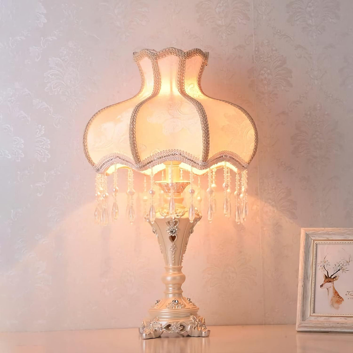 Victorian Table Lamp, Tiffany Style Classic Living Room Desk Lamp with Fabric Shades, E26 Bulbs, European Retro Resin Bedside Lamp for Bedroom Living Room Office,110V~240V, Pink,Large