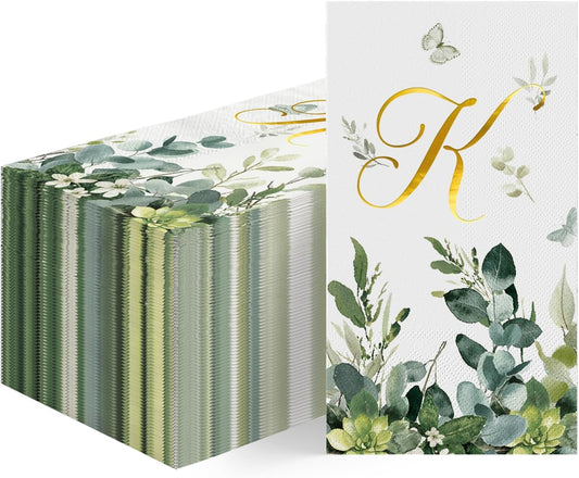 Horaldaily 100 Spring Disposable Paper Decorative Guest Napkins, Watercolor Eucalyptus Monogram Gold Foil Letter K for Party Bathroom Wedding Birthday Baby Shower