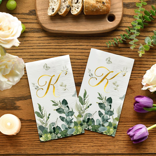 Horaldaily 100 Spring Disposable Paper Decorative Guest Napkins, Watercolor Eucalyptus Monogram Gold Foil Letter K for Party Bathroom Wedding Birthday Baby Shower