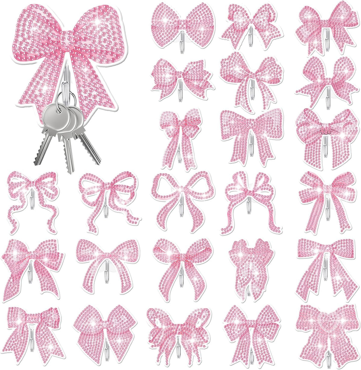 25 Pcs Pink Bow Diamond Painting Kits for Adults DIY Bowknot Diamond Art Painting Adhesive Hook Key Holder Rhinestone Dot Gem Coquette Art Kits Wall Hooks for Towel Hat Kitchen Decoration