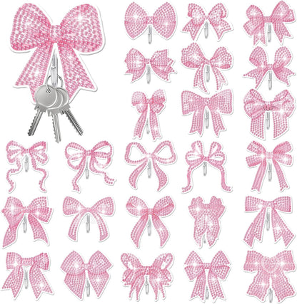 25 Pcs Pink Bow Diamond Painting Kits for Adults DIY Bowknot Diamond Art Painting Adhesive Hook Key Holder Rhinestone Dot Gem Coquette Art Kits Wall Hooks for Towel Hat Kitchen Decoration