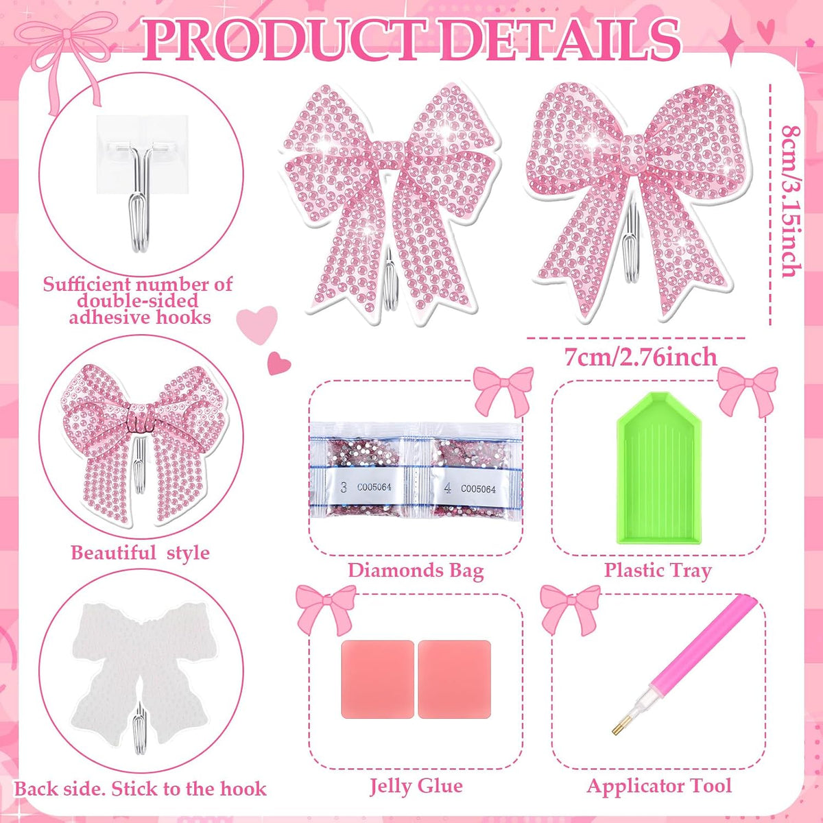 25 Pcs Pink Bow Diamond Painting Kits for Adults DIY Bowknot Diamond Art Painting Adhesive Hook Key Holder Rhinestone Dot Gem Coquette Art Kits Wall Hooks for Towel Hat Kitchen Decoration