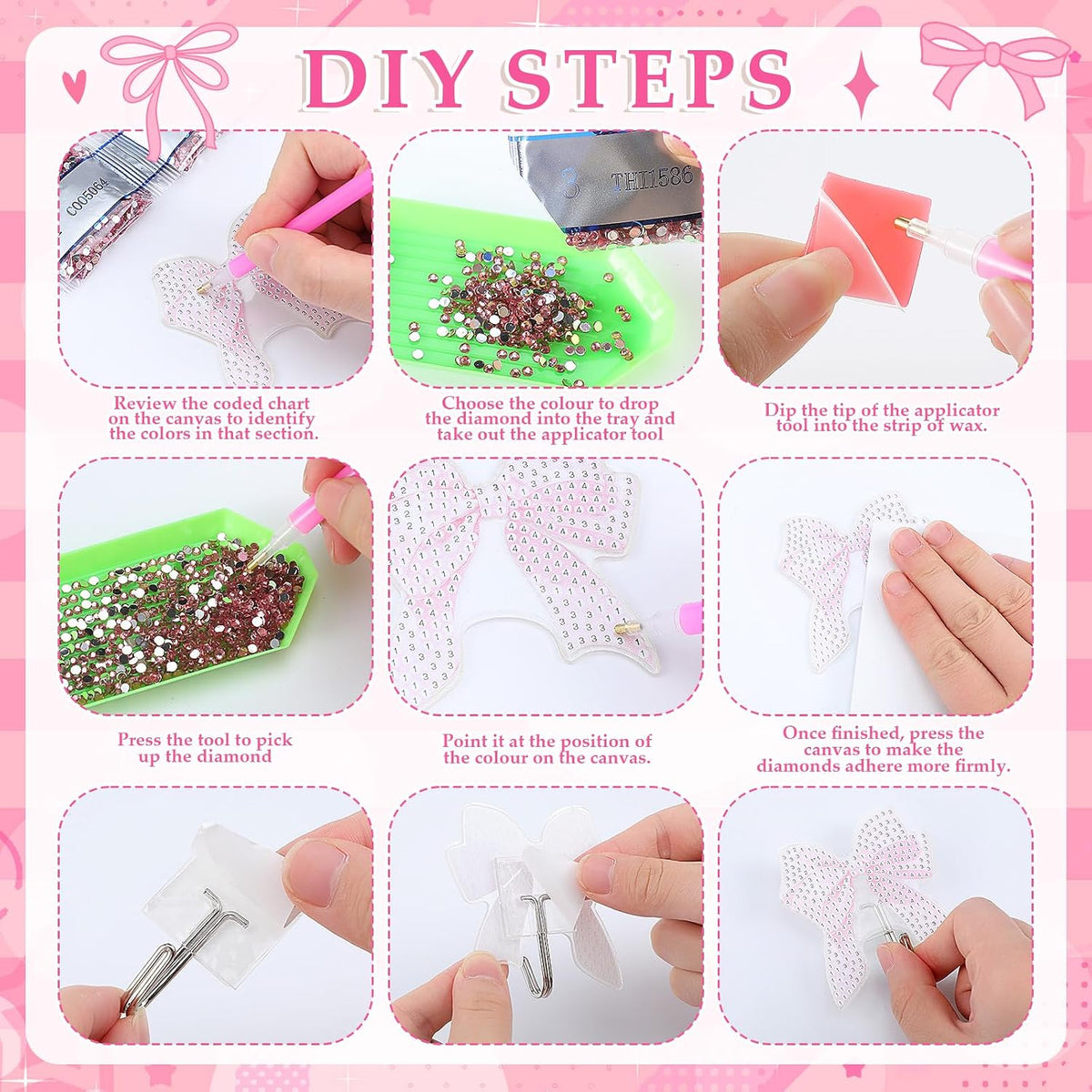 25 Pcs Pink Bow Diamond Painting Kits for Adults DIY Bowknot Diamond Art Painting Adhesive Hook Key Holder Rhinestone Dot Gem Coquette Art Kits Wall Hooks for Towel Hat Kitchen Decoration