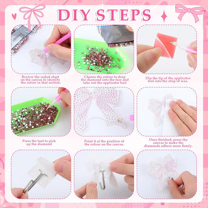 25 Pcs Pink Bow Diamond Painting Kits for Adults DIY Bowknot Diamond Art Painting Adhesive Hook Key Holder Rhinestone Dot Gem Coquette Art Kits Wall Hooks for Towel Hat Kitchen Decoration