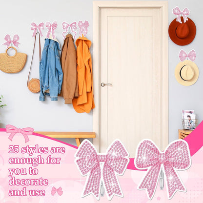 25 Pcs Pink Bow Diamond Painting Kits for Adults DIY Bowknot Diamond Art Painting Adhesive Hook Key Holder Rhinestone Dot Gem Coquette Art Kits Wall Hooks for Towel Hat Kitchen Decoration