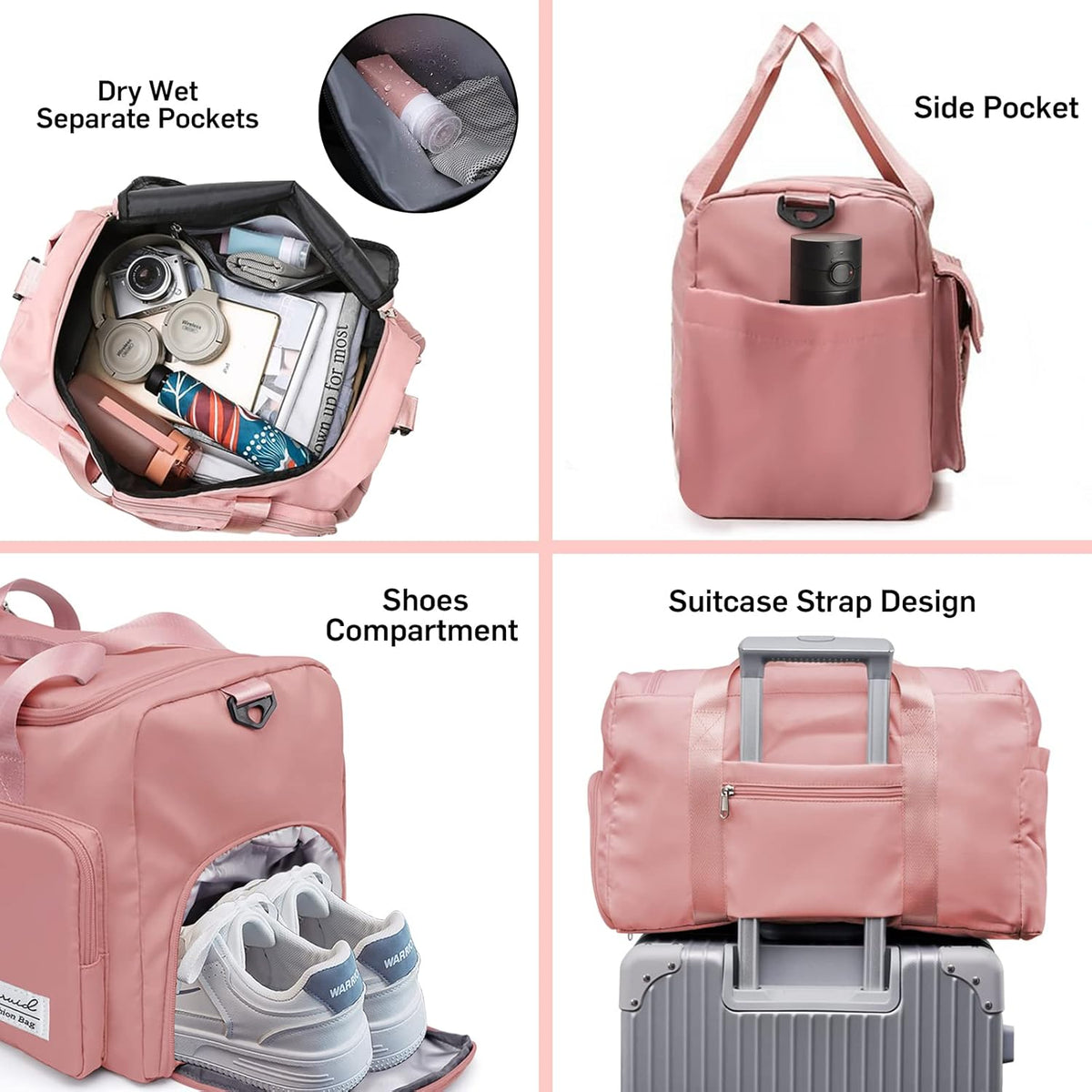 Gym Bag with Shoe Compartment, Sports Duffle Bag for Women, Pink