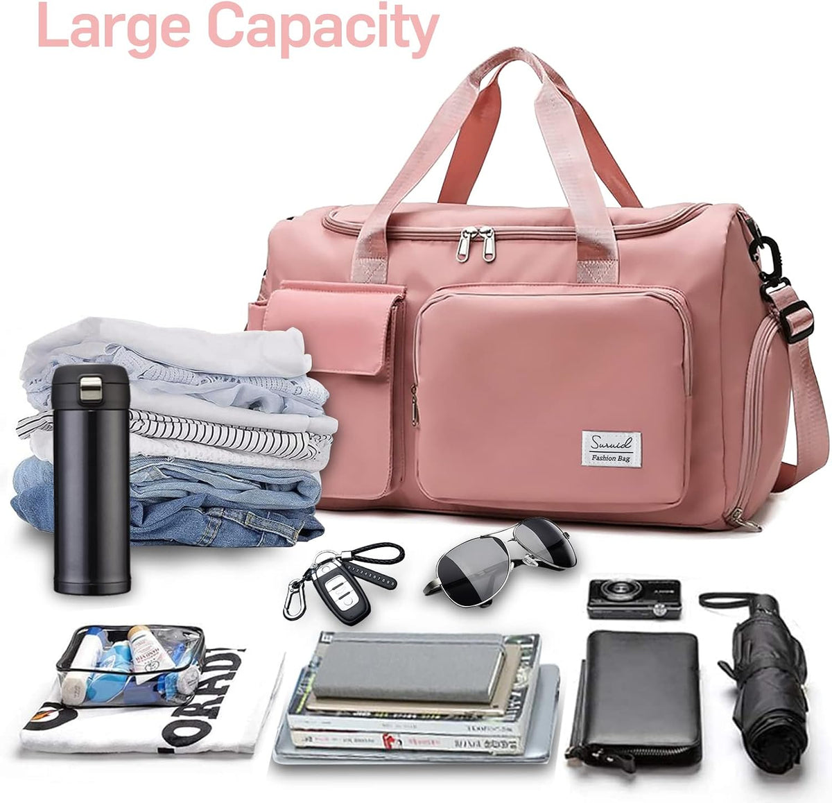Gym Bag with Shoe Compartment, Sports Duffle Bag for Women, Pink
