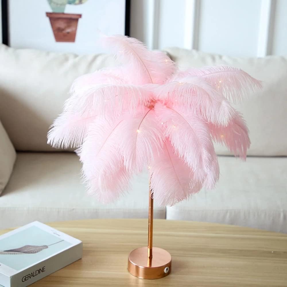 Feather Tree Table Lamp for Bedrooms, LED Night Lamp with Touch Switch Rose Gold Lamp USB Charging for Nursery Girls Bedroom Living Room Wedding Fairy Lights (Pink)
