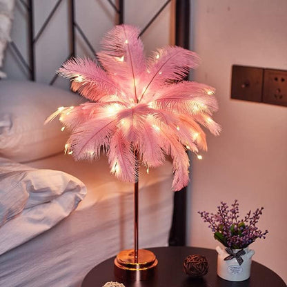 Feather Tree Table Lamp for Bedrooms, LED Night Lamp with Touch Switch Rose Gold Lamp USB Charging for Nursery Girls Bedroom Living Room Wedding Fairy Lights (Pink)