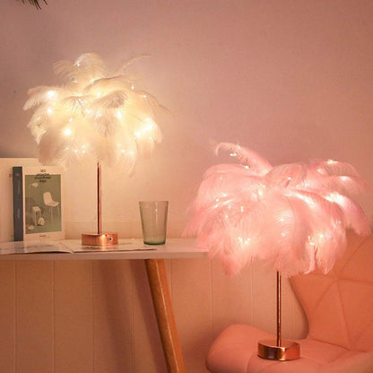 Feather Tree Table Lamp for Bedrooms, LED Night Lamp with Touch Switch Rose Gold Lamp USB Charging for Nursery Girls Bedroom Living Room Wedding Fairy Lights (Pink)