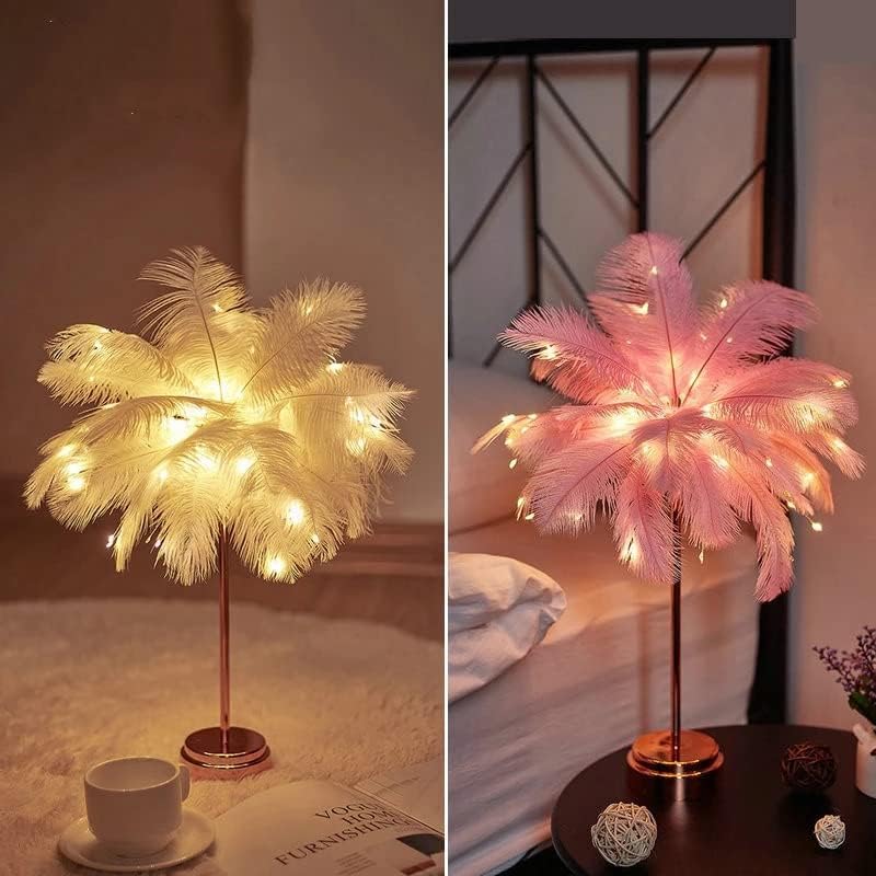Feather Tree Table Lamp for Bedrooms, LED Night Lamp with Touch Switch Rose Gold Lamp USB Charging for Nursery Girls Bedroom Living Room Wedding Fairy Lights (Pink)