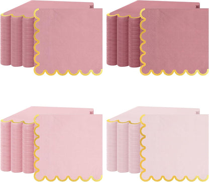 100 Pack Pink Napkins Disposable, Pink and Gold Napkins Scalloped Cocktail Napkins, 5 x 5 Inches Disposable for Girl Baby Shower, Wedding, Birthday Party, Bridal Shower