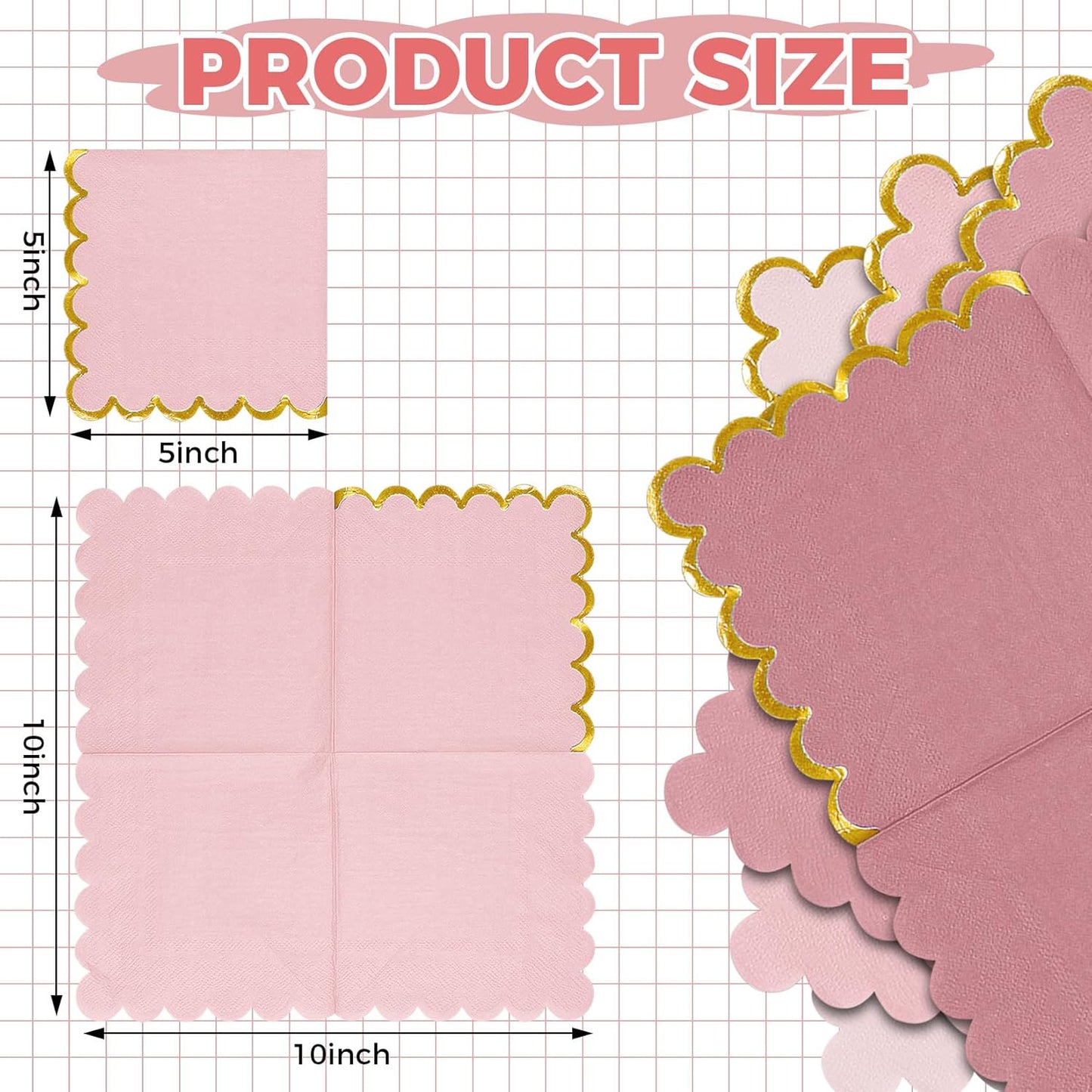 100 Pack Pink Napkins Disposable, Pink and Gold Napkins Scalloped Cocktail Napkins, 5 x 5 Inches Disposable for Girl Baby Shower, Wedding, Birthday Party, Bridal Shower