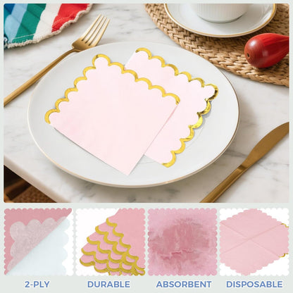 100 Pack Pink Napkins Disposable, Pink and Gold Napkins Scalloped Cocktail Napkins, 5 x 5 Inches Disposable for Girl Baby Shower, Wedding, Birthday Party, Bridal Shower