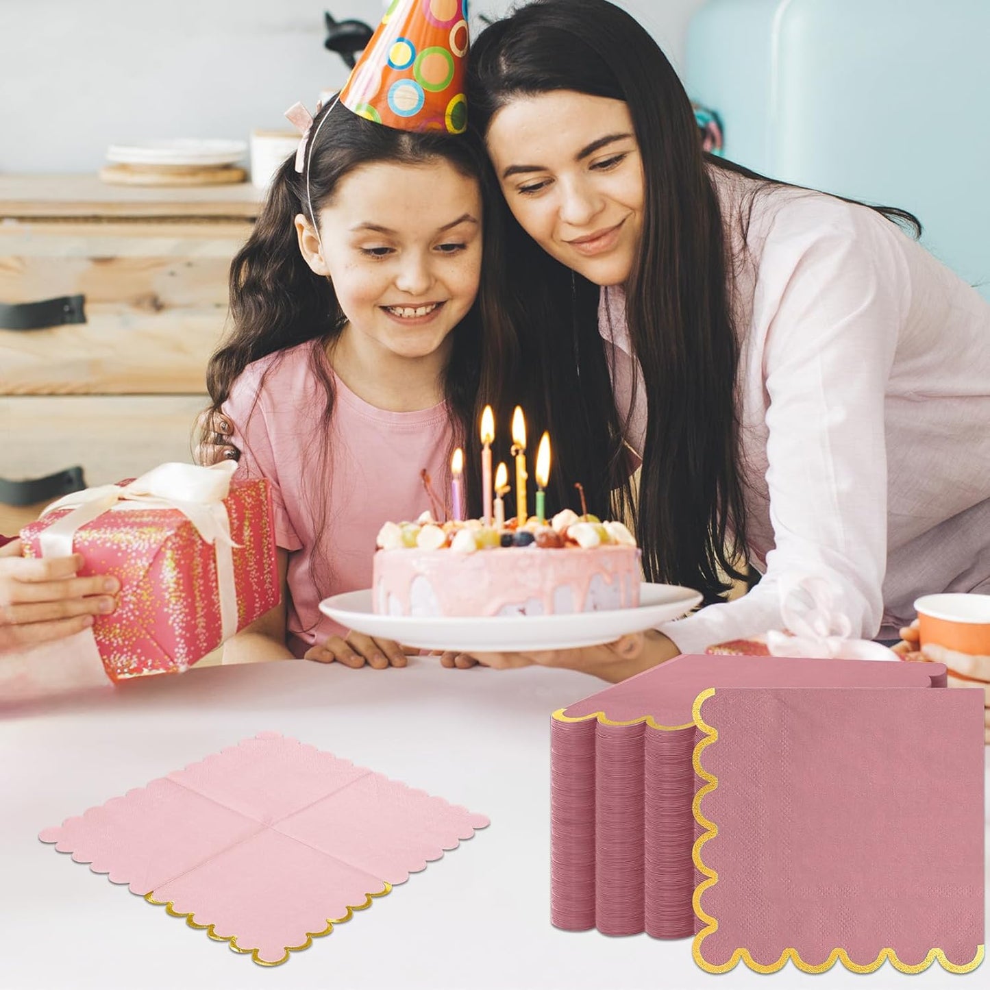 100 Pack Pink Napkins Disposable, Pink and Gold Napkins Scalloped Cocktail Napkins, 5 x 5 Inches Disposable for Girl Baby Shower, Wedding, Birthday Party, Bridal Shower